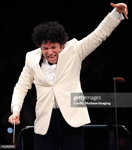 Conductor Gustavo Dudamel leads the Los Angeles Philharmonic at the Hollywood Bowl on October 3, 2009 in Hollywood, California.