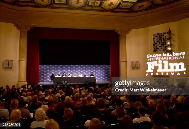 Moderator Anne Thompson, writers Emily V. Gordon, Liz Hannah, Adrian Molina, Vanessa Taylor, Michael H. Weber, Virgil Williams and Edgar Wright speak...