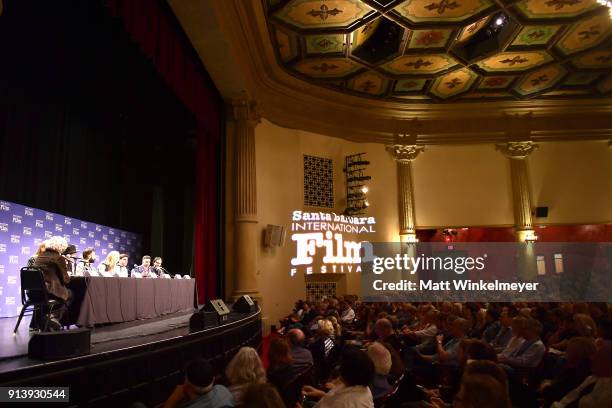 Moderator Anne Thompson, writers Emily V. Gordon, Liz Hannah, Adrian Molina, Vanessa Taylor, Michael H. Weber, Virgil Williams and Edgar Wright speak...