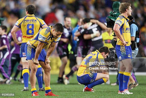 Jarryd Hayne of the Eels and team mates look dejected after the 2009 NRL Grand Final match between the Parramatta Eels and the Melbourne Storm at ANZ...