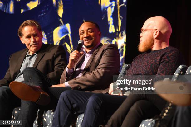 James Remar, Damon Gupton, and Marvin "Krondon" Jones III speak during a screening and Q&A for 'Black Lightning' on Day 3 of the SCAD aTVfest 2018 on...