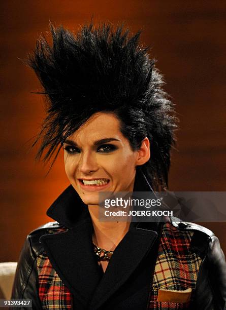 Singer Bill Kaulitz of the band "Tokio Hotel" grimaces during the 183rd edition of the TV show presented by "Wetten, dass..?" on October 3, 2009 in...