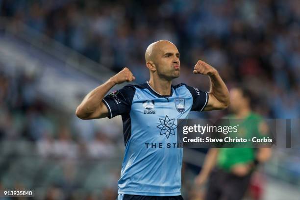 Adrian Mierzejewski of Sydney FC celebrates scoring a goal during the round 19 A-League match between Sydney FC and the Wellington Phoenix at Allianz...