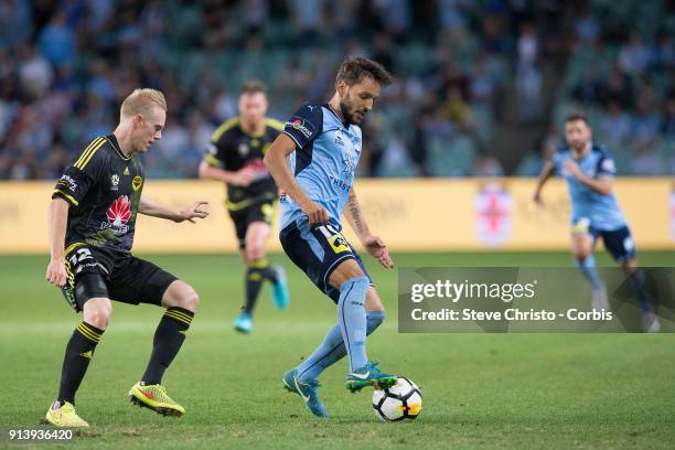 Milos Ninkovic of Sydney FC dribbles the ball during the round 19 A-League match between Sydney FC and the Wellington Phoenix at Allianz Stadium on...