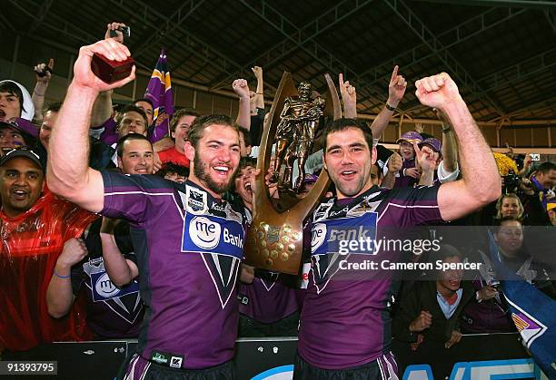 Dallas Johnson and Cameron Smith of the Storm celebrate after winning the 2009 NRL Grand Final match between the Parramatta Eels and the Melbourne...