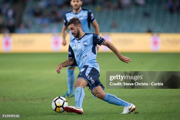 Michael Zullo of Sydney FC dribbles the ball during the round 19 A-League match between Sydney FC and the Wellington Phoenix at Allianz Stadium on...
