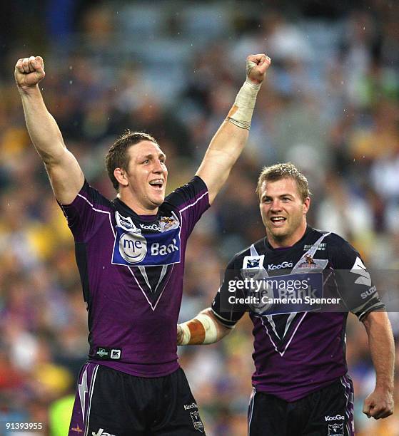 Ryan Hoffman and Ryan Hinchcliffe of the Storm celebrate winning the 2009 NRL Grand Final match between the Parramatta Eels and the Melbourne Storm...