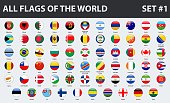 All flags of the world in alphabetical order. Round glossy style. Set 1 of 3