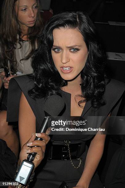 Katy Perry attends the Karl Lagerfeld Pret a Porter show as part of the Paris Womenswear Fashion Week Spring/Summer 2010 on October 4 at Jardin des...