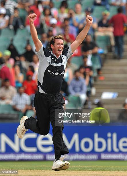 Ian Butler of New Zealand celebrates the wicket of Shoaib Malik of Pakistan for 2 runs during the ICC Champions Trophy semi final match between New...