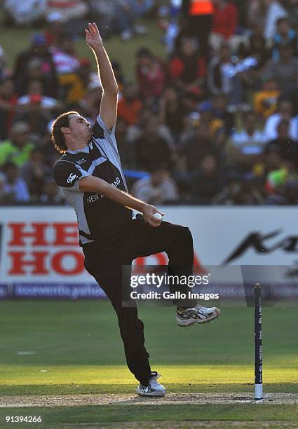 Kyle Mills of New Zealand bowling during the ICC Champions Trophy semi final match between New Zealand and Pakistan from Liberty Life Wanderers on...