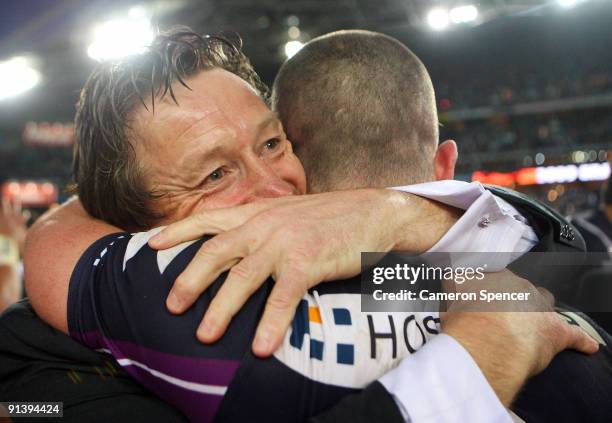 Storm coach Craig Bellamy embraces Steve Turner of the Storm after the 2009 NRL Grand Final match between the Parramatta Eels and the Melbourne Storm...