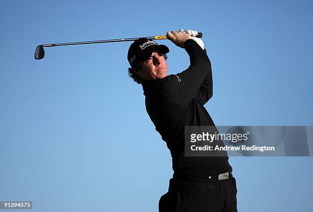Rory McIlroy of Northern Ireland plays his second shot to the fifth green during the third round of The Alfred Dunhill Links Championship at...