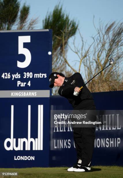 Rory McIlroy of Northern Ireland drives off the fifth tee during the third round of The Alfred Dunhill Links Championship at Kingsbarns Golf Links on...