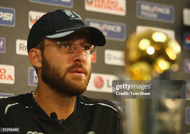 New Zealand captain Daniel Vettori talks to the press ahead of the ICC Champions Trophy Final between Australia and New Zealand at Supersport Park on...