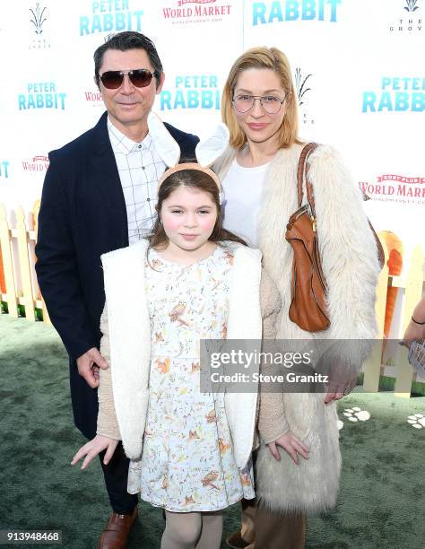 Actor Lou Diamond Phillips, Indigo Sanara Phillips, and Yvonne Boismier Phillips arrives at the Premiere Of Columbia Pictures' "Peter Rabbit" at The...