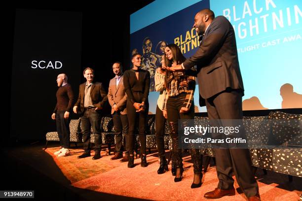 Marvin "Krondon" Jones III, James Remar, Damon Gupton, Christine Adams, China Anne McClain, Nafessa Williams, and Cress Williams speaks during a...