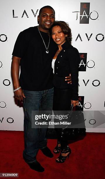 Actor Mekhi Phifer and his fiancee Onanong Souratha arrive at the Tao Nightclub at the Venetian Resort Hotel Casino during the club's fourth...