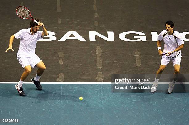 Mischa Zverez of Germany hits a forehand with partner Guillermo Garcia-Lopez of Spain in their doubles final match against Rajeev Ram of the USA and...