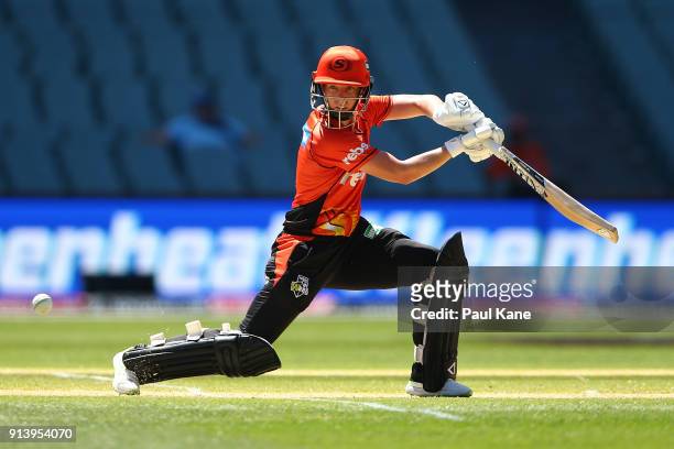 Elyse Villani of the Scorchers bats during the Women's Big Bash League final match between the Sydney Sixers and the Perth Scorchers at Adelaide Oval...