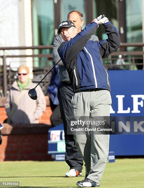 Steve Waugh of Australia tees off at the 1st hole watched by his playing amateur partner Sir Steve Redgrave of England during the third round of the...