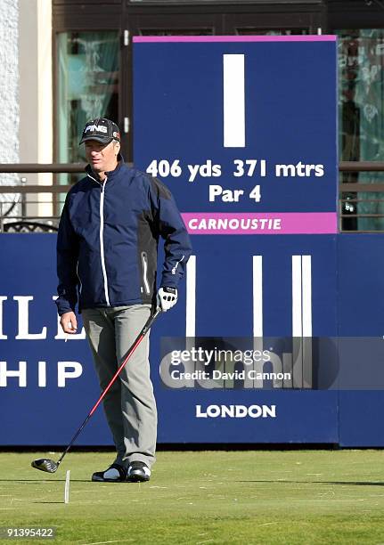 Steve Waugh of Australia tees off at the 1st hole during the third round of the Alfred Dunhill Links Championship at Carnoustie Golf Links on October...