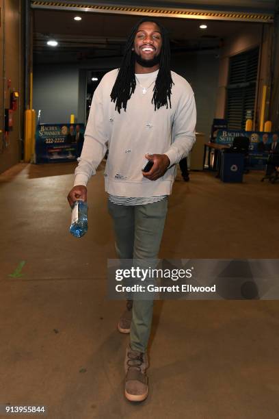 Kenneth Faried of the Denver Nuggets arrives before the game against the Golden State Warriors on February 3, 2018 at the Pepsi Center in Denver,...