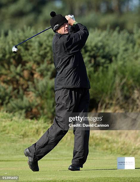 Alan Hansen of Scotland drives at the 15th hole during the third round of the Alfred Dunhill Links Championship at Carnoustie Golf Links on October...