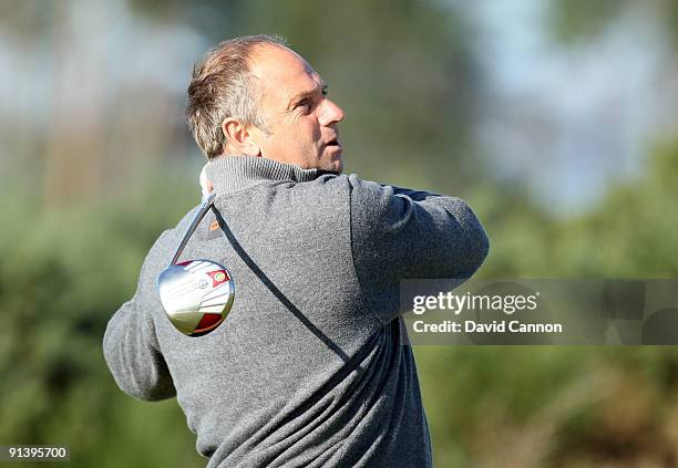 Sir Steve Redgrave of England plays his tee shot at the 14th hole during the third round of the Alfred Dunhill Links Championship at Carnoustie Golf...