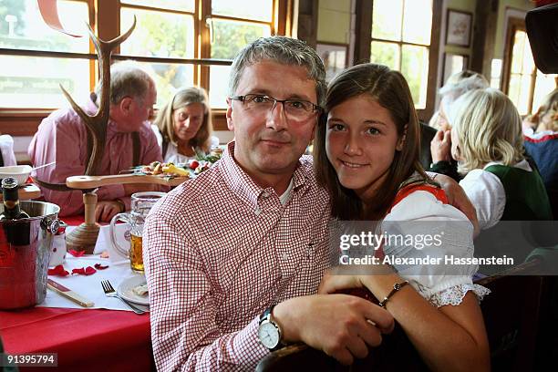 Audi CEO Rupert Stadler and his daughter Nicola attend the Oktoberfest beer festival at the Kaefer Wiesnschaenke tent on October 4, 2009 in Munich,...