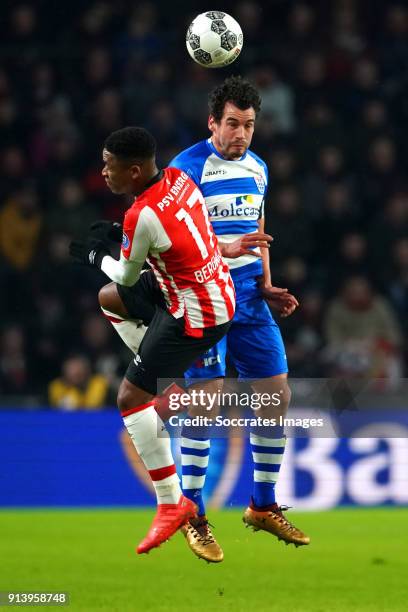 Steven Bergwijn of PSV, Dirk Marcellis of PEC Zwolle during the Dutch Eredivisie match between PSV v PEC Zwolle at the Philips Stadium on February 3,...