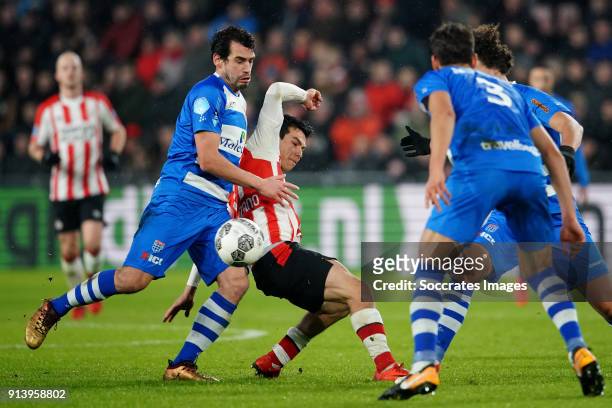 Dirk Marcellis of PEC Zwolle, Hirving Lozano of PSV during the Dutch Eredivisie match between PSV v PEC Zwolle at the Philips Stadium on February 3,...