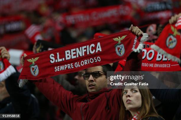 Benfica supporters in action before the start of the Primeira Liga match between SL Benfica and Rio Ave FC at Estadio da Luz on February 3, 2018 in...