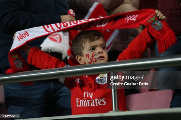 Benfica supporters in action before the start of the Primeira Liga match between SL Benfica and Rio Ave FC at Estadio da Luz on February 3, 2018 in...