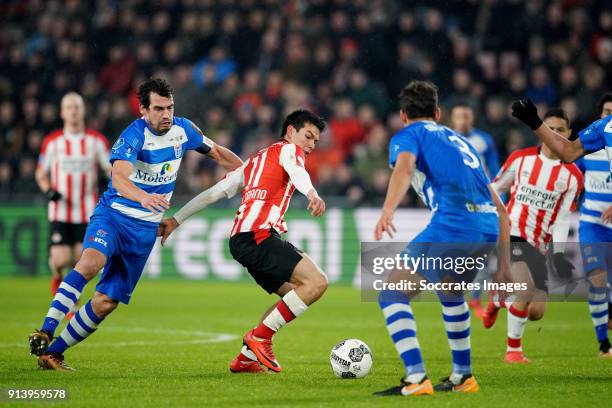 Dirk Marcellis of PEC Zwolle, Hirving Lozano of PSV during the Dutch Eredivisie match between PSV v PEC Zwolle at the Philips Stadium on February 3,...