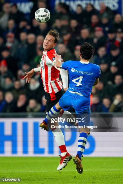 Luuk de Jong of PSV, Dirk Marcellis of PEC Zwolle during the Dutch Eredivisie match between PSV v PEC Zwolle at the Philips Stadium on February 3,...