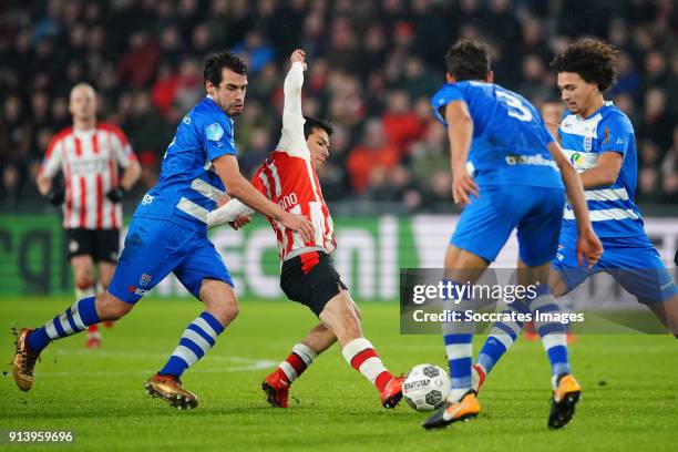 Dirk Marcellis of PEC Zwolle, Hirving Lozano of PSV, Philippe Sandler of PEC Zwolle during the Dutch Eredivisie match between PSV v PEC Zwolle at the...