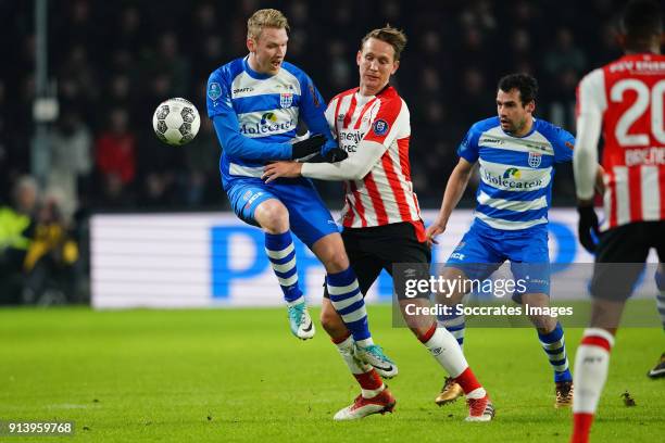 Stef Nijland of PEC Zwolle, Luuk de Jong of PSV, Dirk Marcellis of PEC Zwolle during the Dutch Eredivisie match between PSV v PEC Zwolle at the...