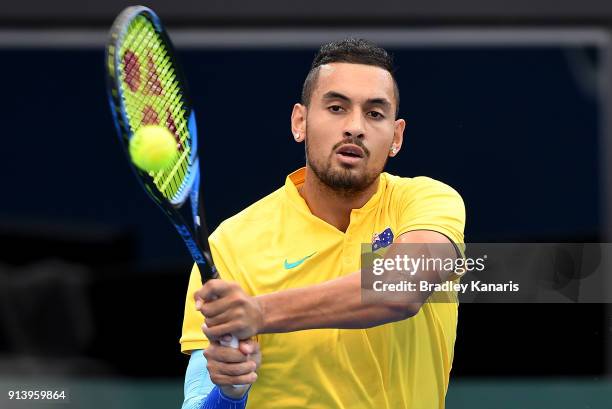 Nick Kyrgios of Australia plays a backhand against Alexander Zverev of Germany during the Davis Cup World Group First Round tie between Australia and...