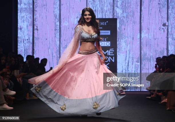 Showstopper Nidhhi Agerwal present the collection of Designer Shloka Sudhakar at Lakme Fashion Week Summer Resort 2018 at Jio Garden in Mumbai.