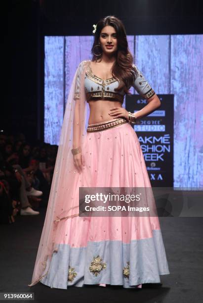 Showstopper Nidhhi Agerwal presents the collection of Designer Shloka Sudhakar at Lakme Fashion Week Summer Resort 2018 at Jio Garden in Mumbai.