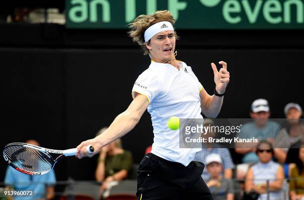Alexander Zverev of Germany plays a forehand against Nick Kyrgios of Australia during the Davis Cup World Group First Round tie between Australia and...
