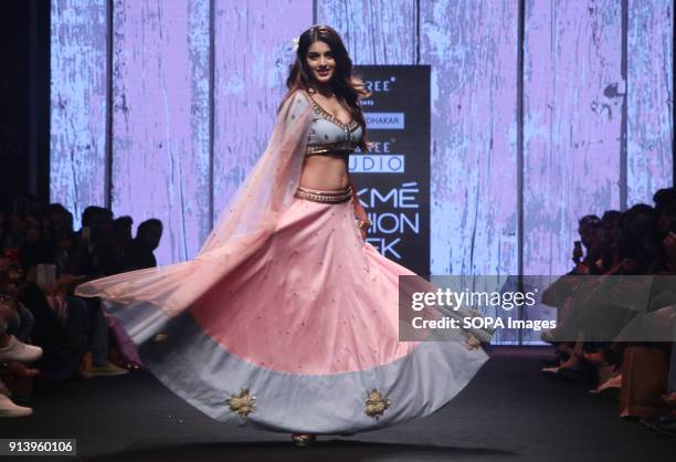 Showstopper Nidhhi Agerwal presents the collection of Designer Shloka Sudhakar at Lakme Fashion Week Summer Resort 2018 at Jio Garden in Mumbai.