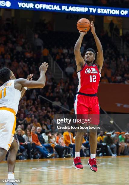 Mississippi Rebels forward Bruce Stevens takes a shot during a game between the Mississippi Rebels and Tennessee Volunteers on February 3 at...