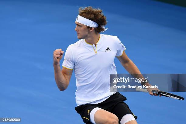 Alexander Zverev of Germany celebrates winning a point in the match against Nick Kyrgios of Australia during the Davis Cup World Group First Round...