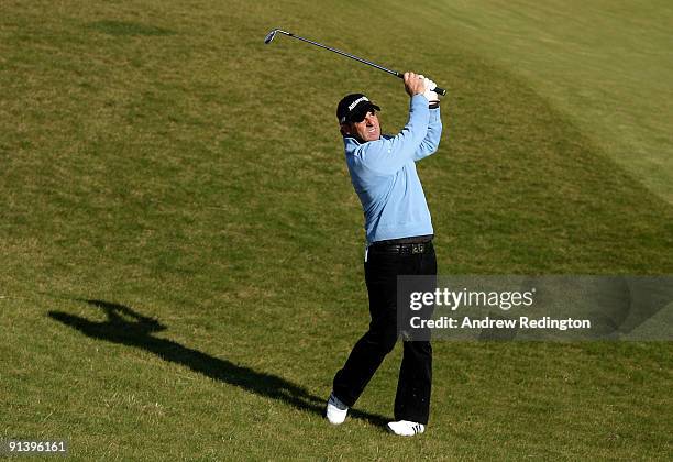 Paul McGinley of Ireland plays his second shot tot he fifth hole during the third round of The Alfred Dunhill Links Championship at Kingsbarns Golf...