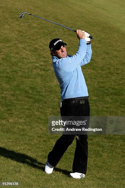 Paul McGinley of Ireland plays his second shot tot he fifth hole during the third round of The Alfred Dunhill Links Championship at Kingsbarns Golf...
