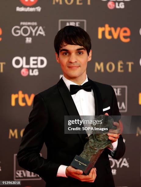 Eneko Sagardoy receives the Goya award for best new actor for his role in the film 'Handia' during the 32nd Goya Cinema Awards 2018 ceremony at...
