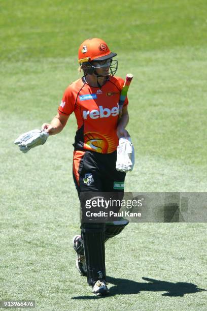 Lauren Ebsary of the Scorchers walks from the field after being dismissed during the Women's Big Bash League final match between the Sydney Sixers...
