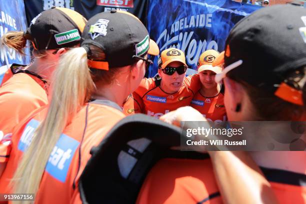 Elyse Villani of the Scorchers speaks tom the team during the Women's Big Bash League final match between the Sydney Sixers and the Perth Scorchers...